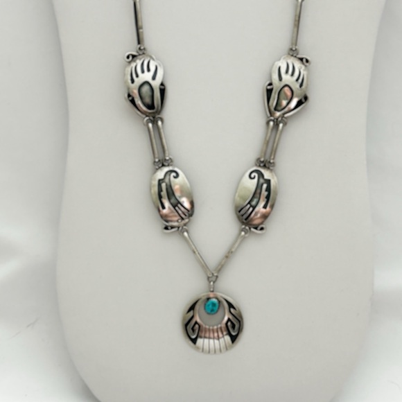 Amazing Vintage Danny Clark Navajo Turquoise Sterling Silver Overlay Necklace - Picture 5 of 14